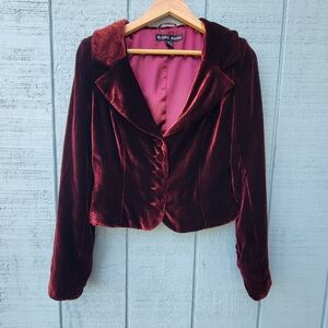 Blanc Noir Silk Velvet Cropped Fitted Button Down Blazer Jacket sz M Wine Red